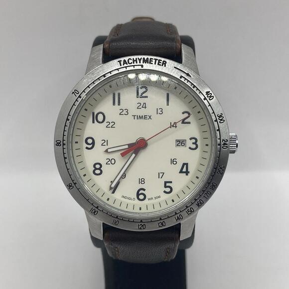 Men’s Timex Tachymeter Weekender T2N637 Brown Leather Band Watch 40mm Working - Picture 2 of 9